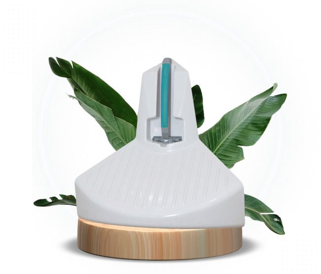 ElevEase shower foot rest on a wooden pedestal with leaves in the background