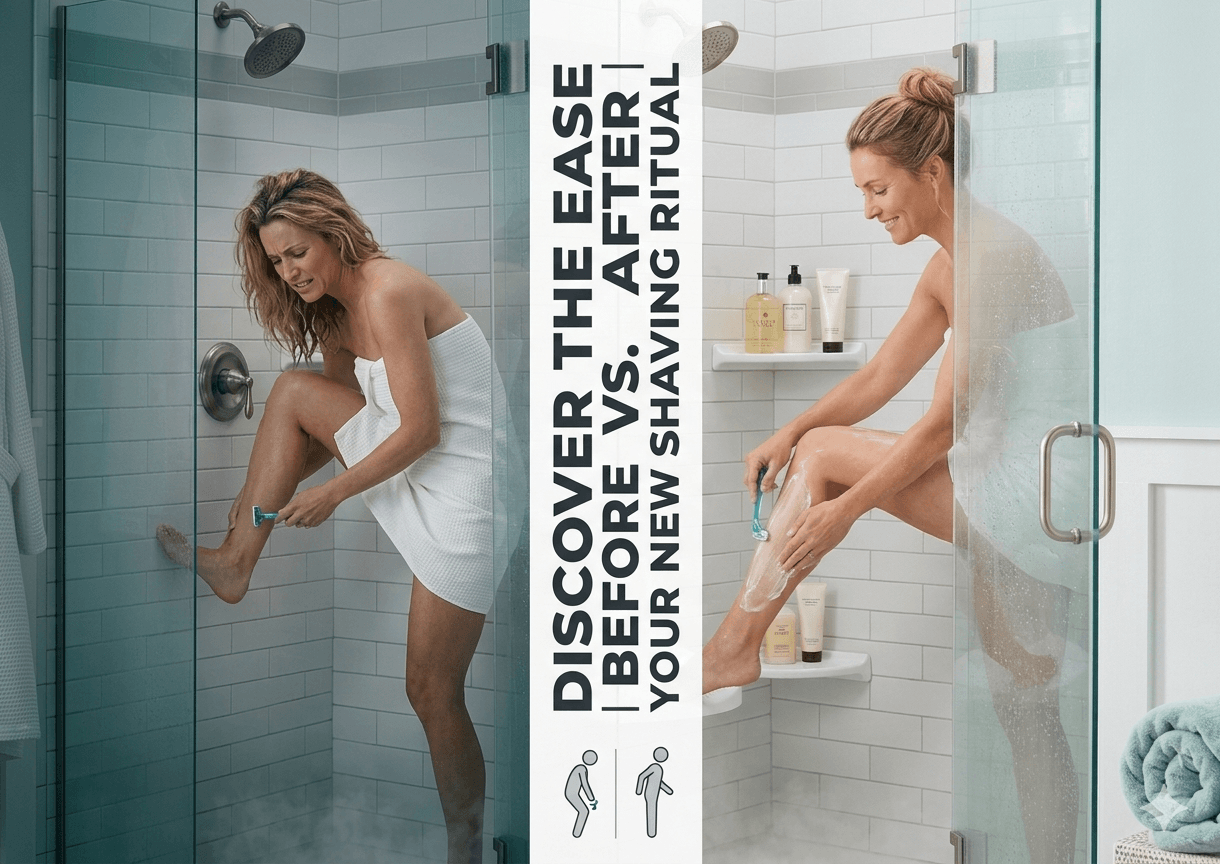 Woman in a bathroom with a before and after shaving ritual graphic.