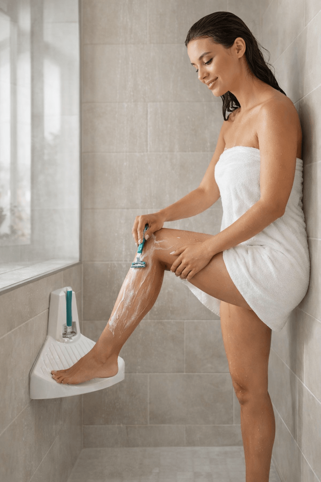 Woman shaving her leg with a razor in a bathroom setting