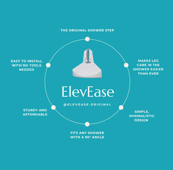 ElevEase shower step benefits listed on teal background