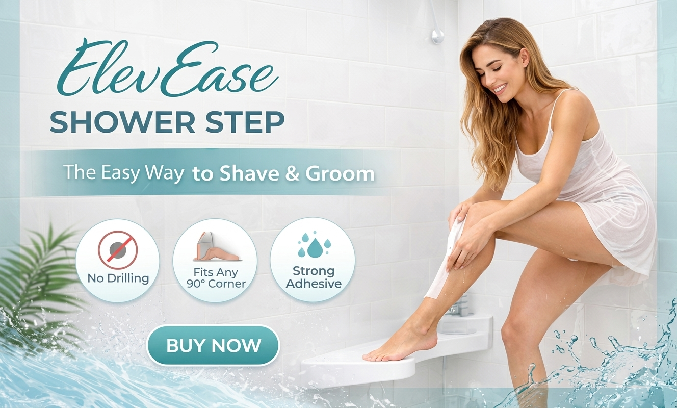 Woman using ElevEase Shower Step for shaving in a bathroom setting